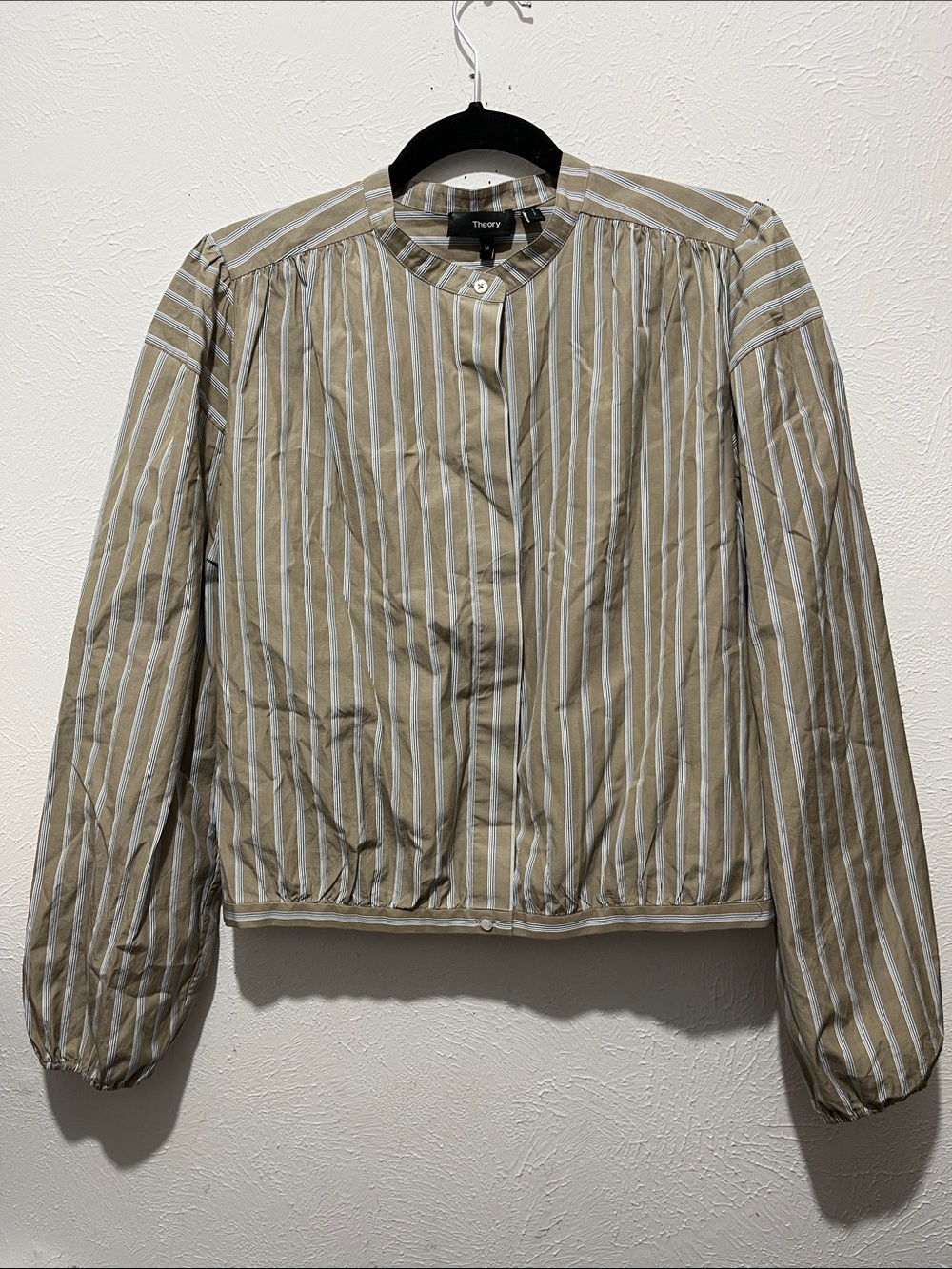 Theory Brown Striped Shirred Yoke Top -Blouse Tan, Blue White $335 Size Medium
